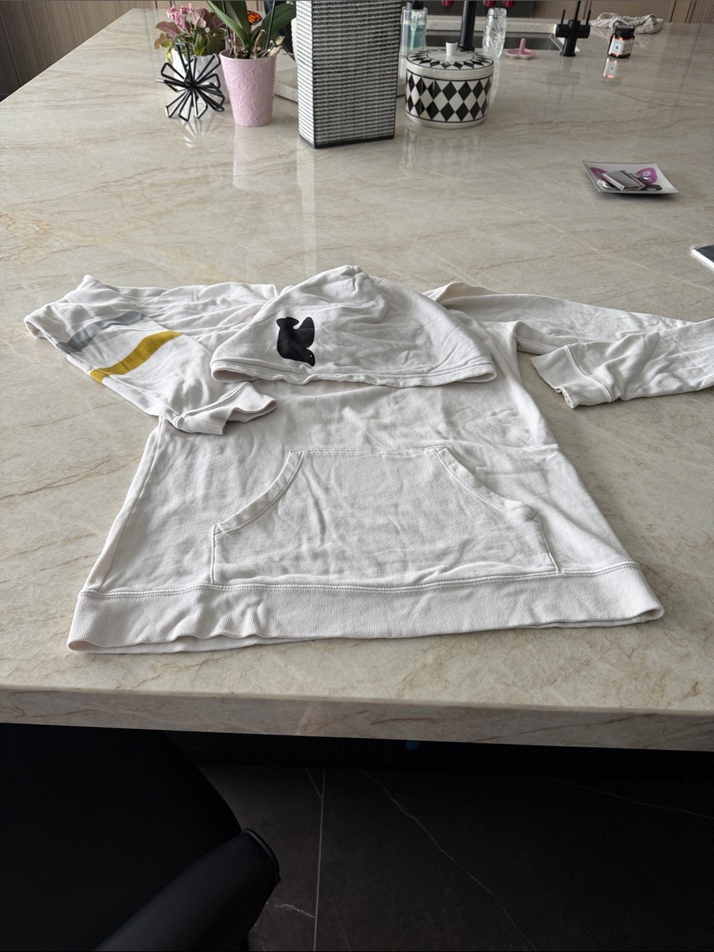 freecity White Hoodie with Black Logo and Yellow Stripe